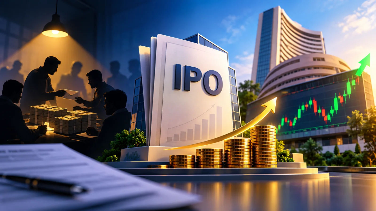 An IPO price tag of ₹100 with a small green label showing +₹20 GMP above it